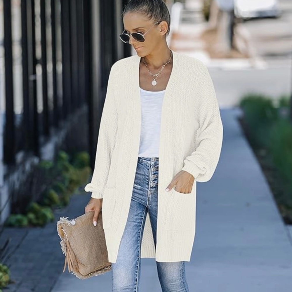 New Women's Oversized Cardigan Open Front Large Pockets Cozy Knit Ivory Large